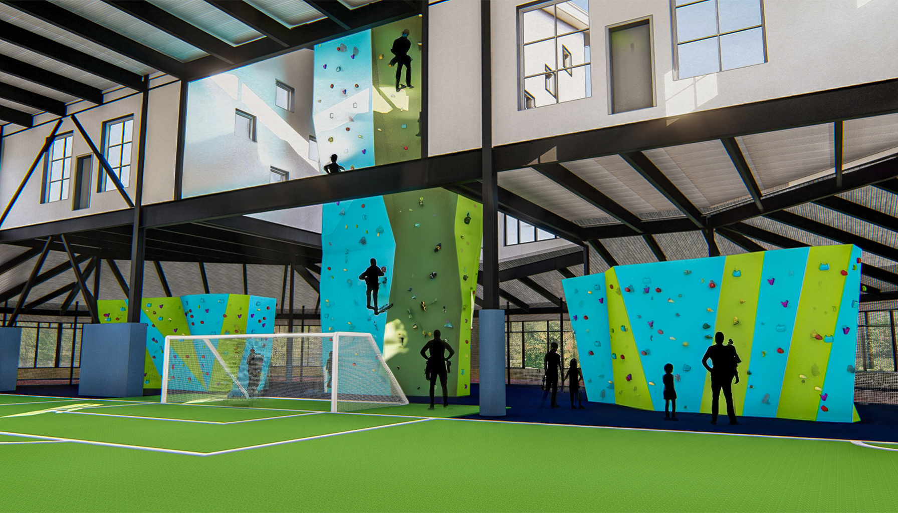 interior soccer field, soccer goal, rock climbing tower, rock climbing bouldering, (black sihouette people),, ((Interior Design)), ((architecture)), beautiful, vibe, pristine, 
Negative prompt: sketch, line drawing, lowres, ((watermark)), flat colors, ((ugly)), blurry, boring, bad art, oversaturated, 3d render, cartoon, grain, low-res, kitsch, weird colors, gross, computer rendering
Steps: 30, Sampler: DPM++ 2M Karras, CFG scale: 16.5, Seed: 955217327, Size: 1792x1024, Model hash: 31e35c80fc, Model: sd_xl_base_1.0, Denoising strength: 1.0, ControlNet 0: "Module: canny, Model: diffusers_xl_canny_full, Weight: 1.0, Resize Mode: 1, Low Vram: False, Processor Res: 768, Threshold A: 100, Threshold B: 200, Guidance Start: 0, Guidance End: 1.0, Pixel Perfect: True, Control Mode: 1", ControlNet 1: "Module: depth, Model: diffusers_xl_depth_full, Weight: 1.0, Resize Mode: ResizeMode.INNER_FIT, Low Vram: False, Guidance Start: 0, Guidance End: 1.0, Pixel Perfect: True, Control Mode: 1", Version: v1.7.0