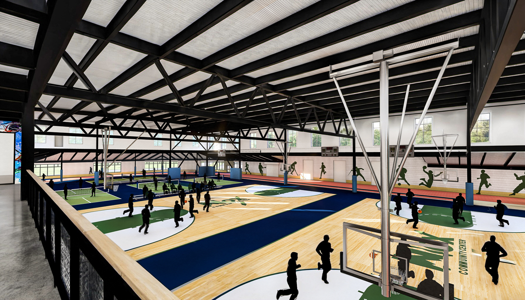 interior basketball fieldhouse, ((black silhouettes), black steel framing, forest seen through windows, basketball courts, blue under matting, running track at perimeter, wood handrail, steel railing, ((Interior Design)), ((architecture)), beautiful, vibe, pristine, 
Negative prompt: sketch, line drawing, lowres, ((watermark)), flat colors, ((ugly)), blurry, boring, bad art, oversaturated, 3d render, cartoon, grain, low-res, kitsch, weird colors, gross, computer rendering
Steps: 30, Sampler: DPM++ 2M Karras, CFG scale: 7.5, Seed: 3277541189, Size: 1792x1024, Model hash: 31e35c80fc, Model: sd_xl_base_1.0, Denoising strength: 0.76, ControlNet 0: "Module: canny, Model: diffusers_xl_canny_full, Weight: 1.0, Resize Mode: 1, Low Vram: False, Processor Res: 768, Threshold A: 100, Threshold B: 200, Guidance Start: 0, Guidance End: 1.0, Pixel Perfect: True, Control Mode: 1", ControlNet 1: "Module: depth, Model: diffusers_xl_depth_full, Weight: 1.0, Resize Mode: ResizeMode.INNER_FIT, Low Vram: False, Guidance Start: 0, Guidance End: 1.0, Pixel Perfect: True, Control Mode: 1", Version: v1.7.0