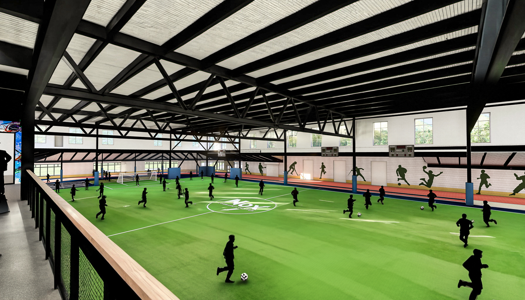 interior soccer fieldhouse, ((black silhouettes), black steel framing, forest seen through windows, blue under matting, running track at perimeter, wood handrail, steel railing, turf grass, ((Interior Design)), ((architecture)), beautiful, vibe, pristine, 
Negative prompt: sketch, line drawing, lowres, ((watermark)), flat colors, ((ugly)), blurry, boring, bad art, oversaturated, 3d render, cartoon, grain, low-res, kitsch, weird colors, gross, computer rendering
Steps: 30, Sampler: DPM++ 2M Karras, CFG scale: 7.5, Seed: 74096359, Size: 1792x1024, Model hash: 31e35c80fc, Model: sd_xl_base_1.0, Denoising strength: 0.76, ControlNet 0: "Module: canny, Model: diffusers_xl_canny_full, Weight: 1.0, Resize Mode: 1, Low Vram: False, Processor Res: 768, Threshold A: 100, Threshold B: 200, Guidance Start: 0, Guidance End: 1.0, Pixel Perfect: True, Control Mode: 1", ControlNet 1: "Module: depth, Model: diffusers_xl_depth_full, Weight: 1.0, Resize Mode: ResizeMode.INNER_FIT, Low Vram: False, Guidance Start: 0, Guidance End: 1.0, Pixel Perfect: True, Control Mode: 1", Version: v1.7.0